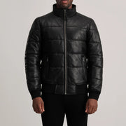 Dettaglio ravvicinato of High neck &amp; Zipper Hardware on Lucas Blue Leather Puffer Bomber Jacket
