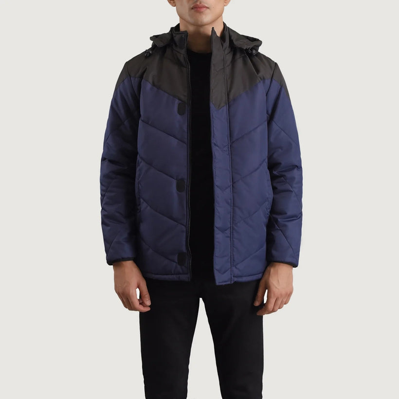 Luka Nero & Blu Hooded Puffer Giacca in Pelle da Uomo