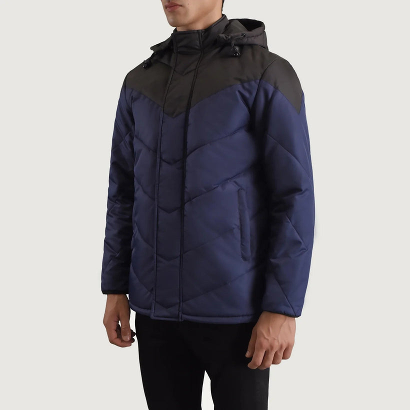 Luka Nero & Blu Hooded Puffer Giacca in Pelle da Uomo