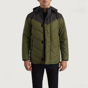 
Luka Nero & Verde Hooded Puffer Giacca in Pelle da Uomo in Black & Green Full-Grain Leather - Vista frontale e silhouette sartoriale | Acquista online