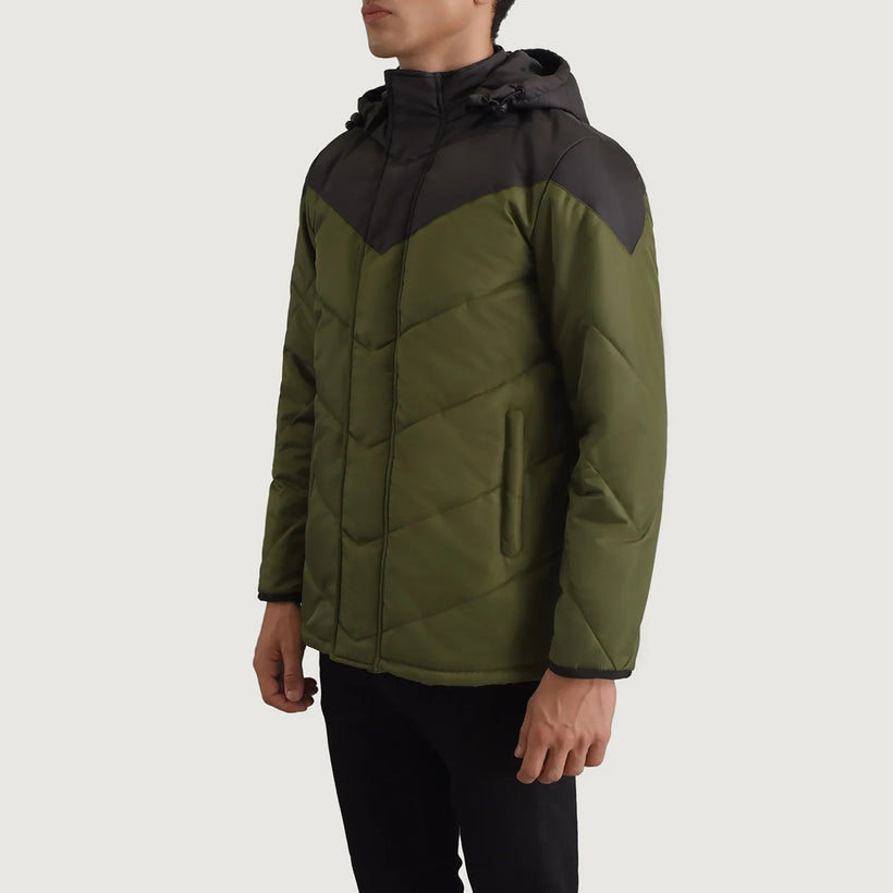 Luka Nero & Verde Hooded Puffer Giacca in Pelle da Uomo