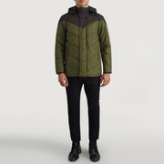 
Luka Nero & Verde Hooded Puffer Giacca in Pelle da Uomo - Vista laterale che mostra il taglio ergonomico delle maniche