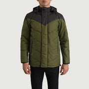 
Dettaglio ravvicinato of Classic Collar & Zipper With Velcro Placket Hardware on Luka Nero & Verde Hooded Puffer Giacca in Pelle da Uomo