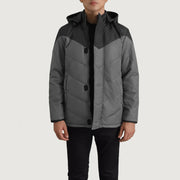 
Luka Nero & Grigio Hooded Puffer Giacca in Pelle da Uomo in Black & Grey Full-Grain Leather - Vista frontale e silhouette sartoriale | Acquista online