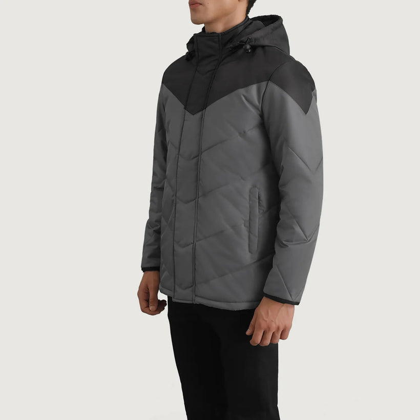 Luka Nero & Grigio Hooded Puffer Giacca in Pelle da Uomo