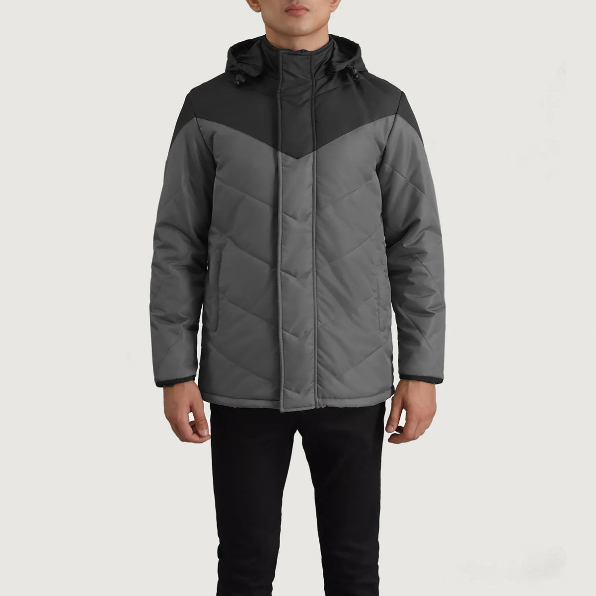 
Dettaglio ravvicinato of Classic Collar & Zipper With Velcro Placket Hardware on Luka Nero & Grigio Hooded Puffer Giacca in Pelle da Uomo