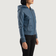 Blue Sheepskin Leather Bomber Jacket - Vista posteriore Showing Tailored Shoulder Fit &amp; Clean Hemline