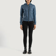 Women's Luna Blue Hooded Leather Bomber Jacket - Lateral Side Profile View Showing Sleeve Cut &amp; Athletic Taper Fit