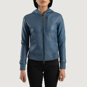 Dettaglio ravvicinato of Hooded &amp; Zipper Hardware on Women's Luna Blue Hooded Leather Bomber Jacket