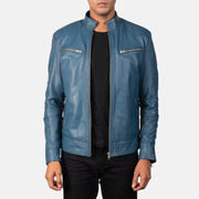 Mack Blu Giacca Biker in Pelle da Uomo in Blue Sheepskin Leather - Vista frontale e linea su misura | Acquista online