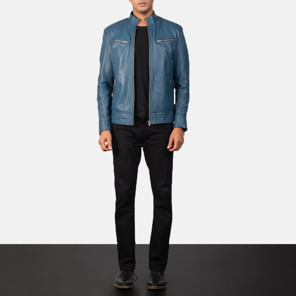 Mack Blu Giacca Biker in Pelle da Uomo - Lateral Side Profile View Showing Sleeve Cut &amp; Athletic Taper Fit