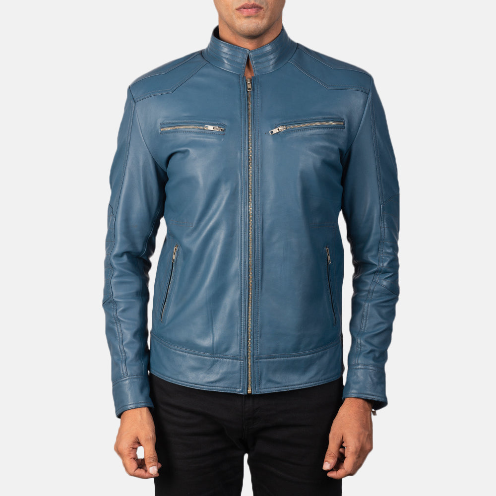 Dettaglio ravvicinato of Band &amp; Zipper Hardware on Mack Blu Giacca Biker in Pelle da Uomo