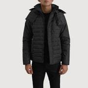 
Malcolm Nero Hooded Puffer Giacca in Pelle da Uomo in vera pelle bovina nera - Vista frontale e silhouette sartoriale | Acquista online