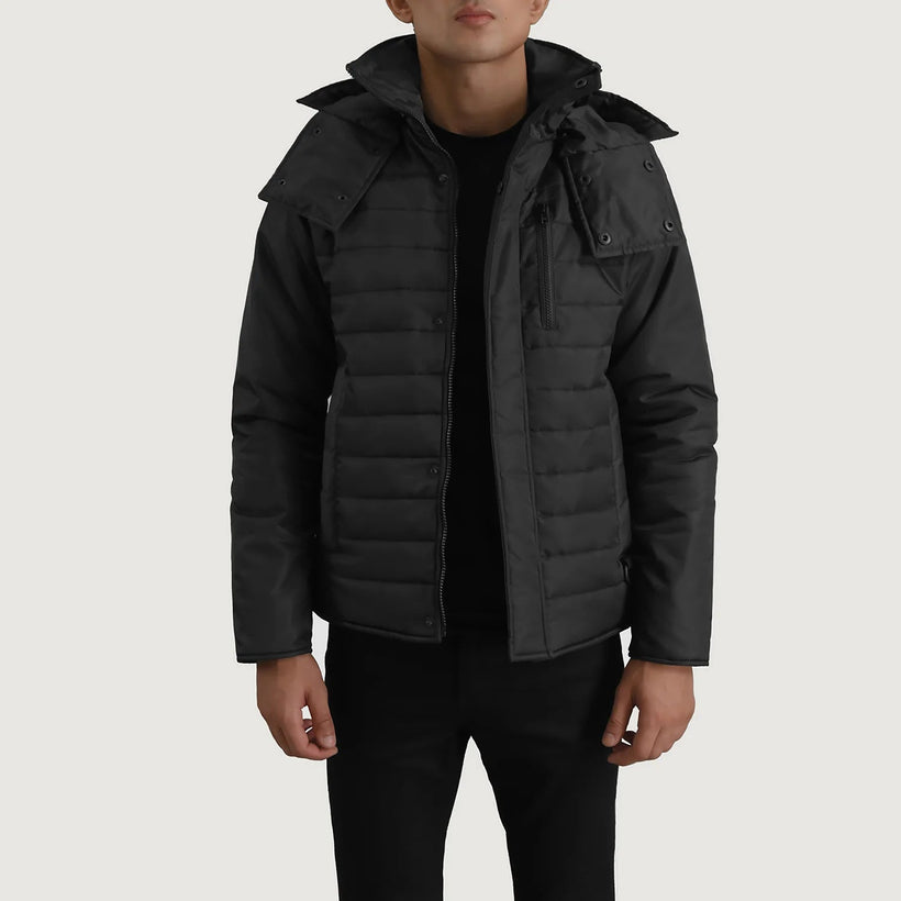 Malcolm Nero Hooded Puffer Giacca in Pelle da Uomo