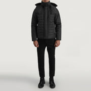 
Malcolm Nero Hooded Puffer Giacca in Pelle da Uomo - Vista laterale che mostra il taglio ergonomico delle maniche