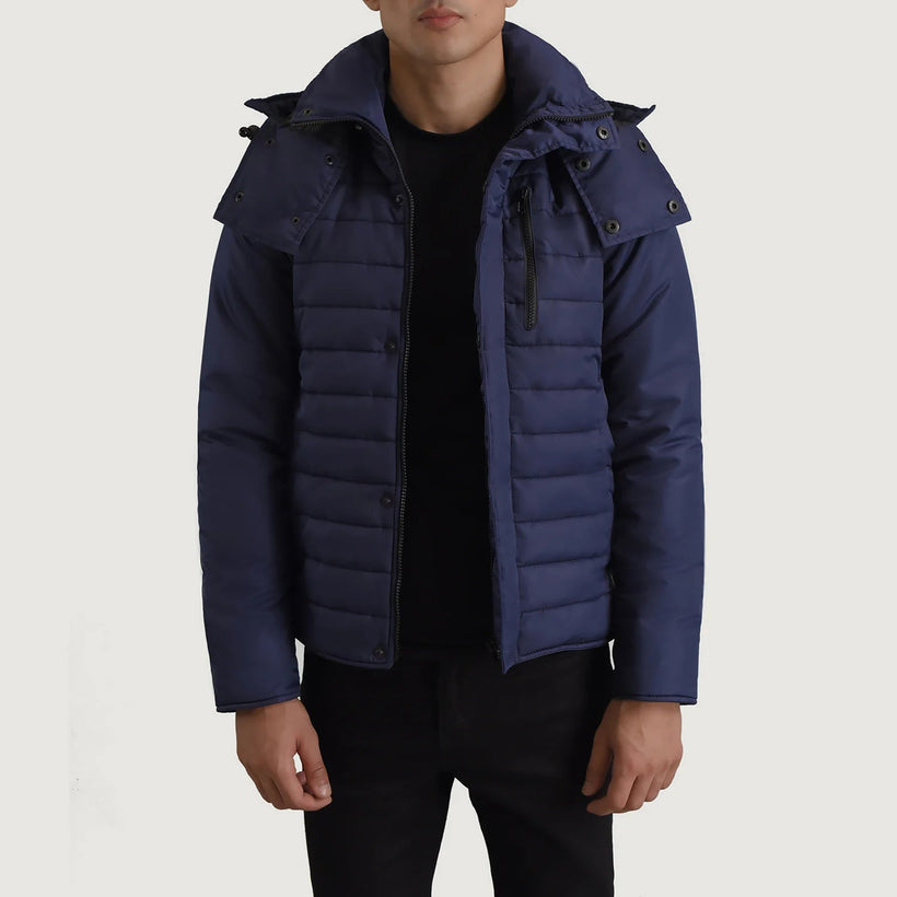 Malcolm Blu Hooded Puffer Giacca in Pelle da Uomo