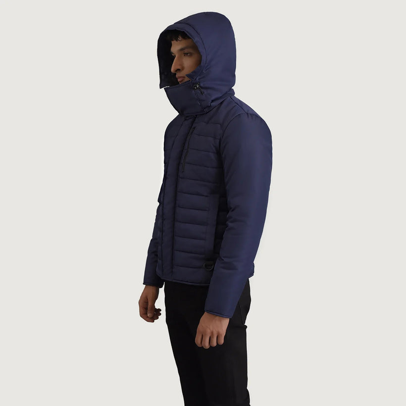 Malcolm Blu Hooded Puffer Giacca in Pelle da Uomo