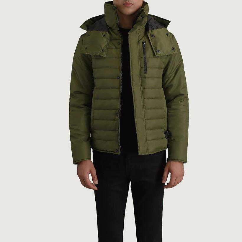 Malcolm Verde Hooded Puffer Giacca in Pelle da Uomo