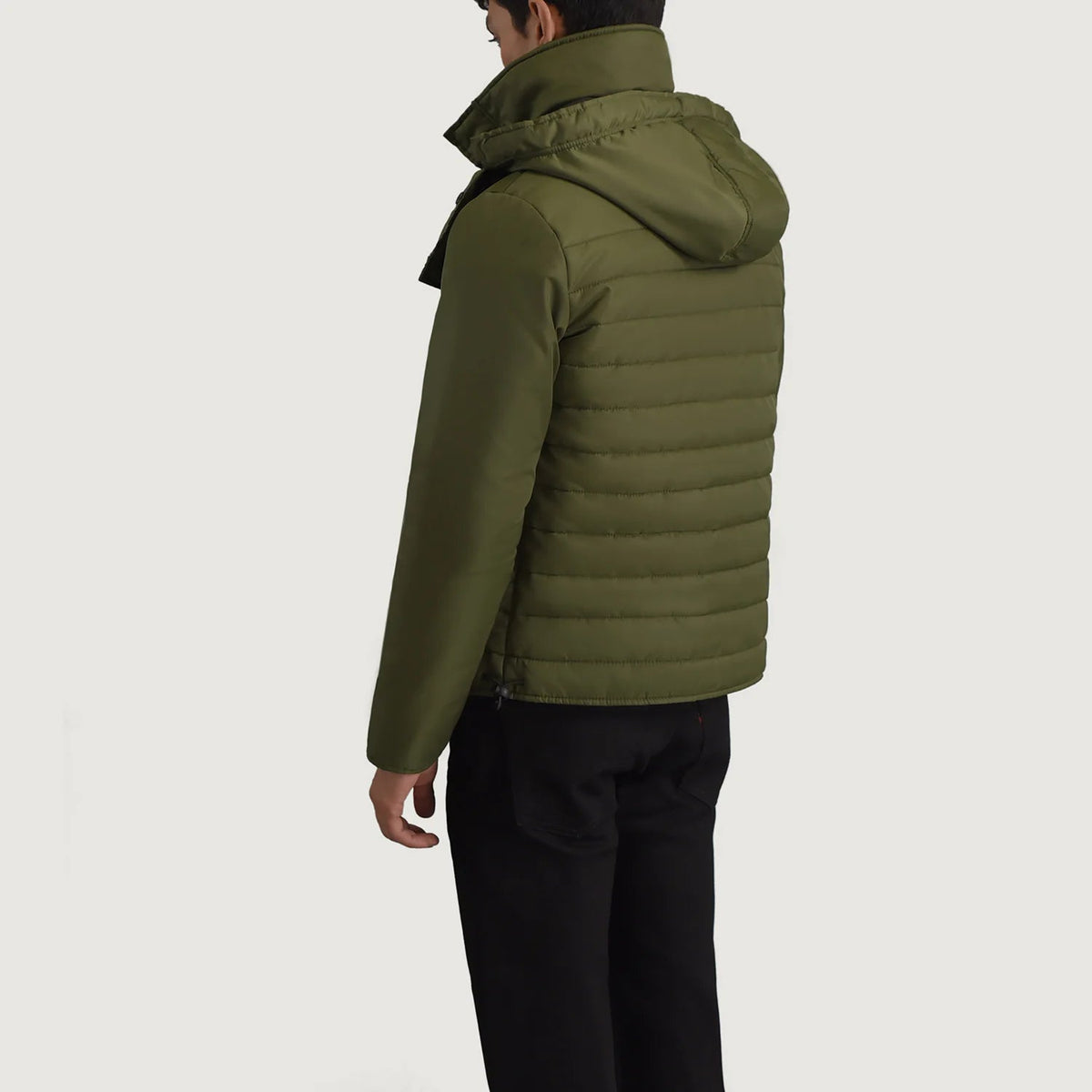 
Green Full-Grain Leather Hooded Jacket - Vista posteriore con spalle definite e orlo pulito