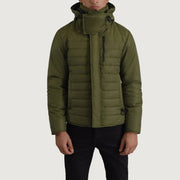
Malcolm Verde Hooded Puffer Giacca in Pelle da Uomo - Vista laterale che mostra il taglio ergonomico delle maniche