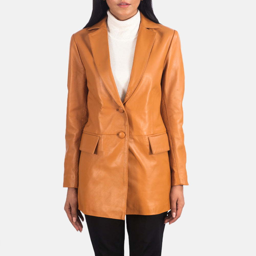 Women's Marilyn Tan Brown Leather Blazer in Tan Brown Sheepskin Leather - Vista frontale e linea su misura | Acquista online