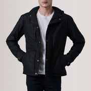 Marlo Nero Canvas Hooded Work Giacca in Pelle da Uomo For Men in Black Waxed Cotton Canvas - Vista frontale e linea su misura | Acquista online
