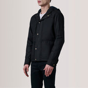 Marlo Nero Canvas Hooded Work Giacca in Pelle da Uomo For Men - Lateral Side Profile View Showing Sleeve Cut &amp; Athletic Taper Fit