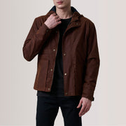 Marlo Marrone Canvas Hooded Work Giacca in Pelle da Uomo For Men in Brown Waxed Cotton Canvas - Vista frontale e linea su misura | Acquista online