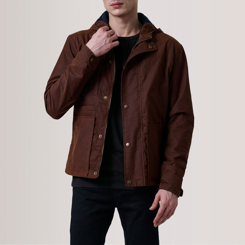 Marlo Marrone Canvas Hooded Work Giacca in Pelle da Uomo