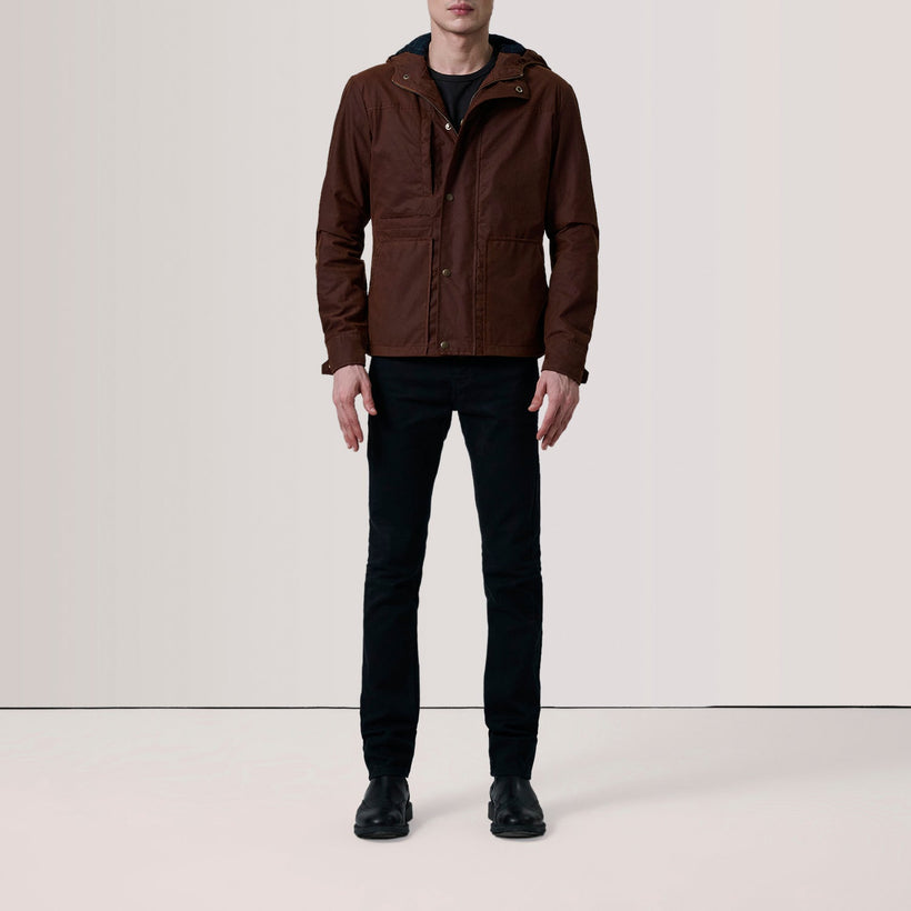 Marlo Marrone Canvas Hooded Work Giacca in Pelle da Uomo