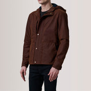 Marlo Marrone Canvas Hooded Work Giacca in Pelle da Uomo For Men - Lateral Side Profile View Showing Sleeve Cut &amp; Athletic Taper Fit