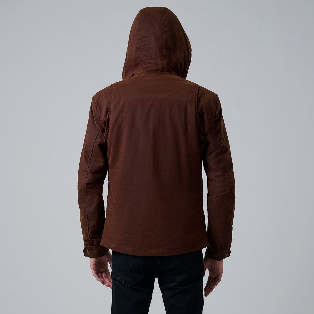 Dettaglio ravvicinato of Hooded &amp; Zipper with placket Hardware on Marlo Marrone Canvas Hooded Work Giacca in Pelle da Uomo For Men