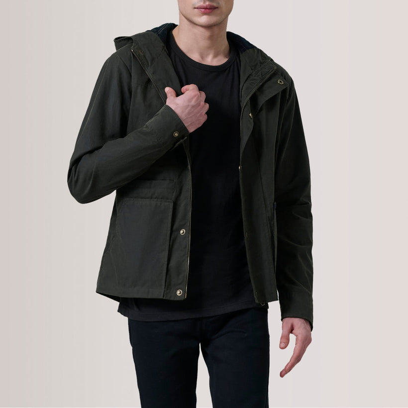 Marlo Olive Canvas Hooded Work Giacca in Pelle da Uomo