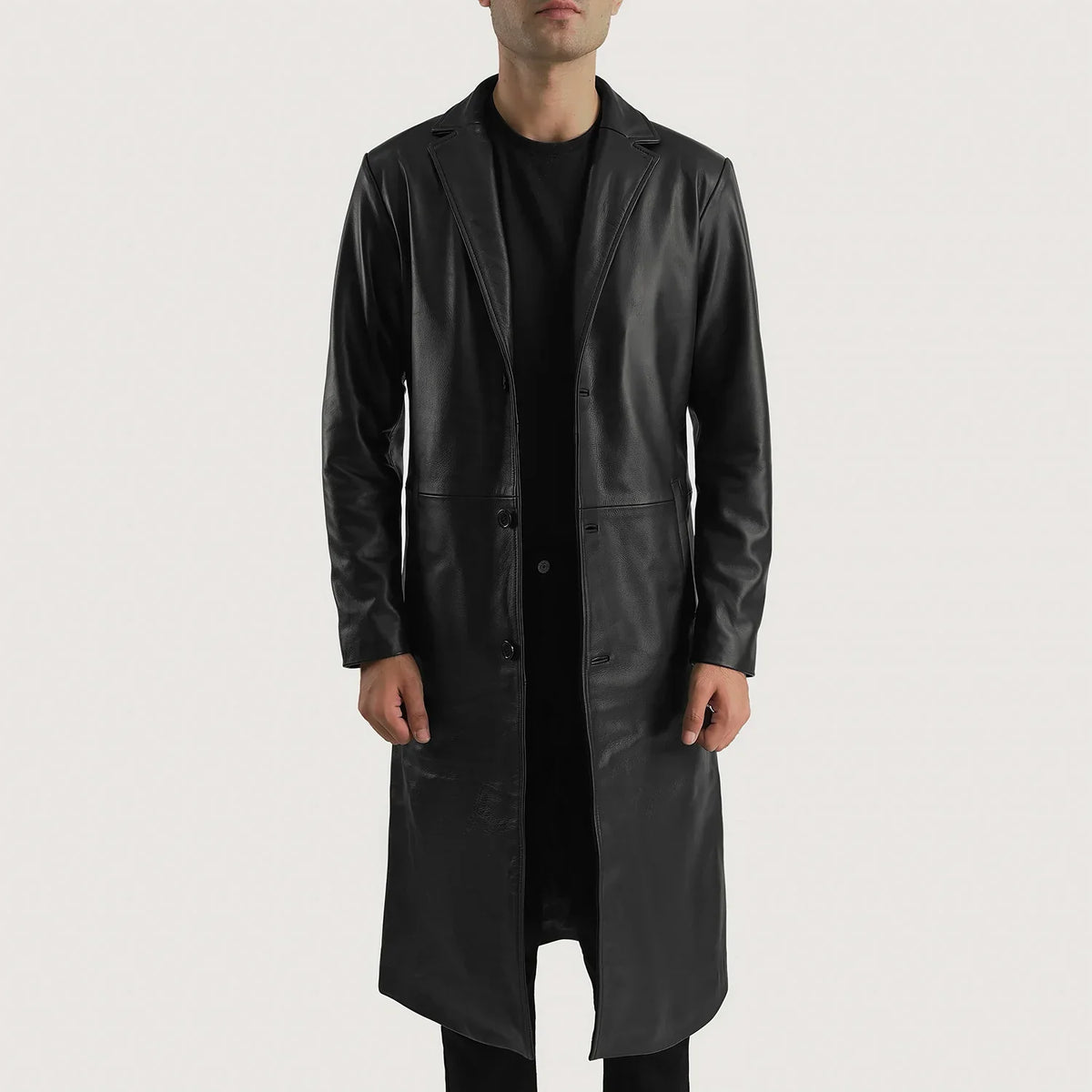 
Mateo Black Leather Single Breasted Coat in Black Cowhide Leather - Vista frontale e silhouette sartoriale | Acquista online