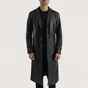 
Mateo Black Leather Single Breasted Coat in Black Cowhide Leather - Vista frontale e silhouette sartoriale | Acquista online
