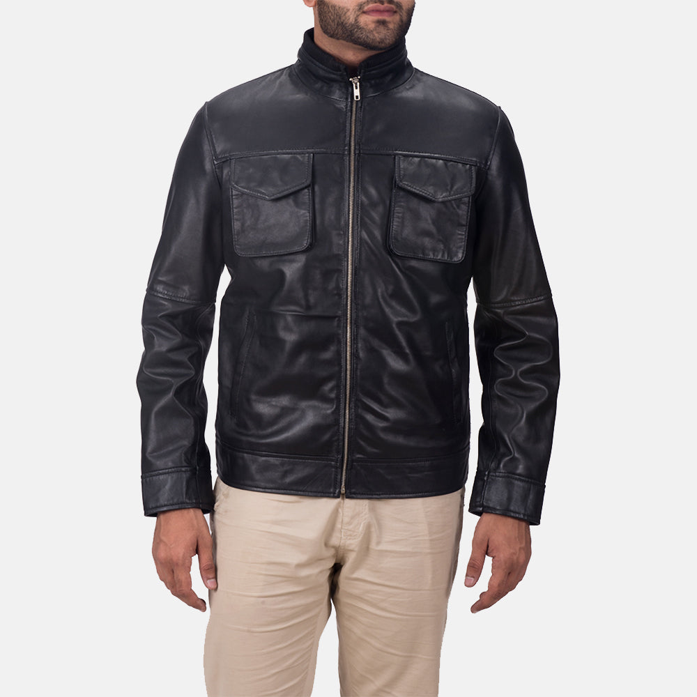 
Maurice Nero Giacca in Pelle da Uomo in Black Sheepskin Leather - Vista frontale e silhouette sartoriale | Acquista online