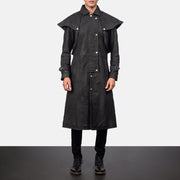 
Maverick Nero Leather Duster da Uomo in Distressed Black Sheepskin Snuffed - Vista frontale e silhouette sartoriale | Acquista online