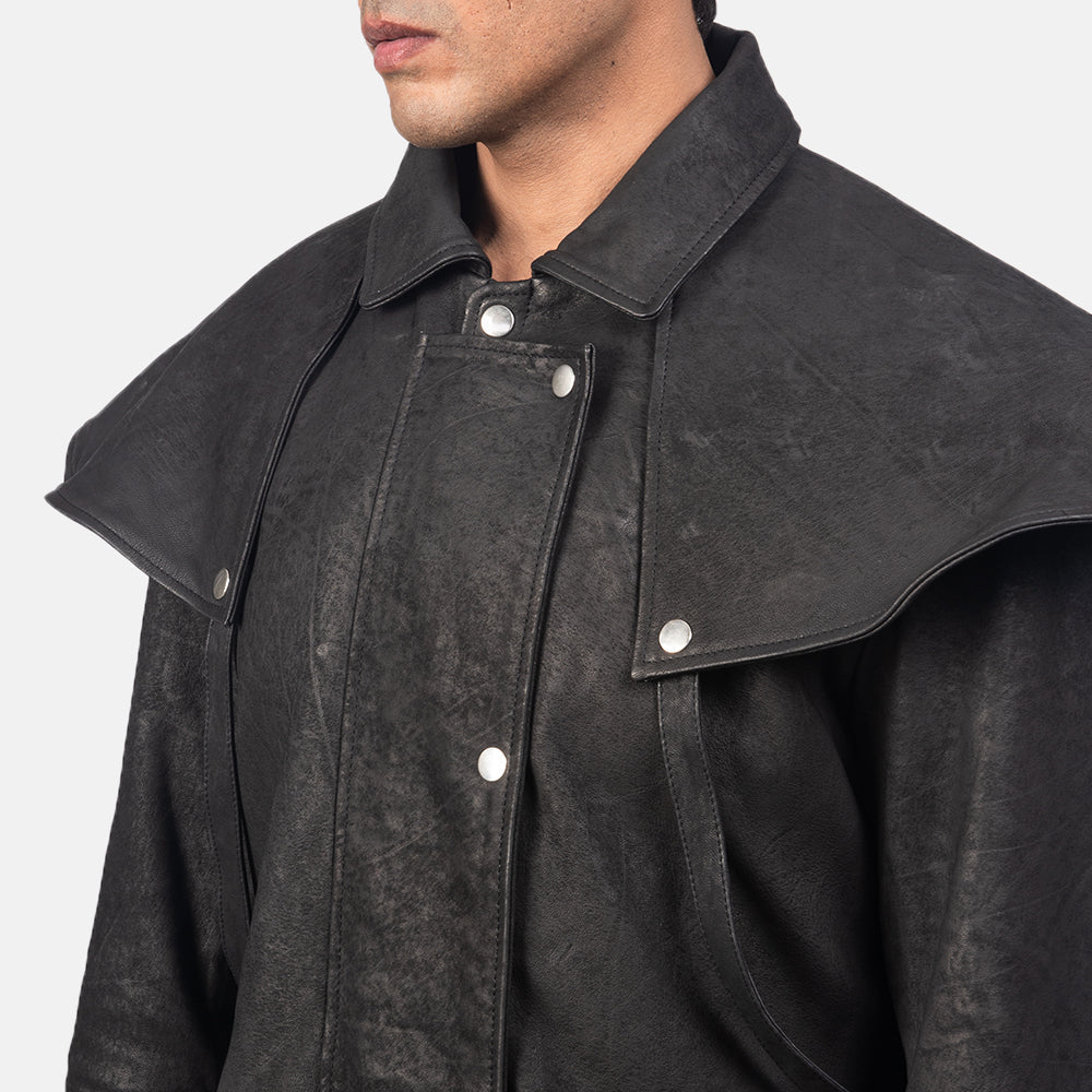 
Dettaglio ravvicinato of Shirt & Heavy-Duty Zipper Hardware on Maverick Nero Leather Duster da Uomo