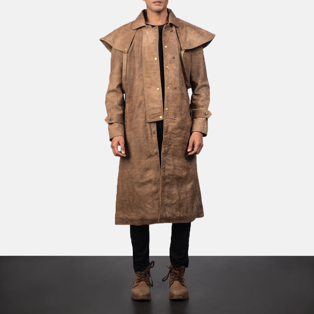 Men's Maverick Marrone Leather Duster da Uomo in Distressed Brown Sheepskin Snuffed - Vista frontale e linea su misura | Acquista online