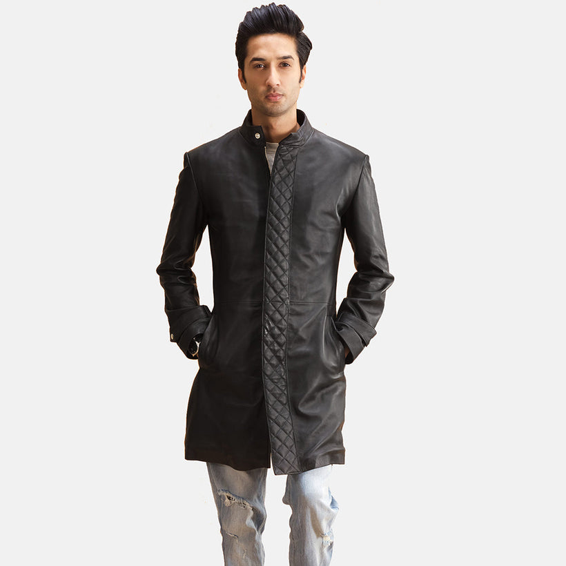 Midlander Trapuntato Nero Cappotto in Pelle da Uomo