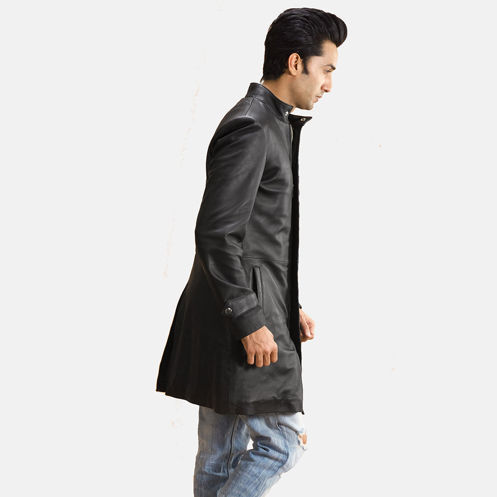 Black Sheepskin leather Coat - Vista posteriore Showing Tailored Shoulder Fit &amp; Clean Hemline