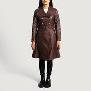 Maroon Sheepskin Leather Trench Coat - Vista posteriore Showing Tailored Shoulder Fit &amp; Clean Hemline