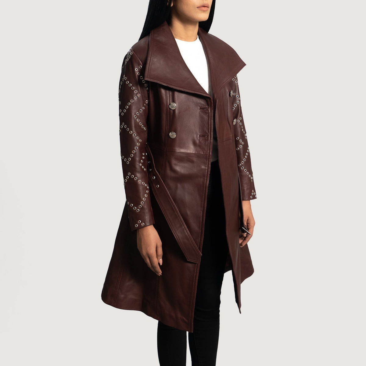 Women's Missoni Maroon Leather Trench Coat - Lateral Side Profile View Showing Sleeve Cut & Athletic Taper Fit