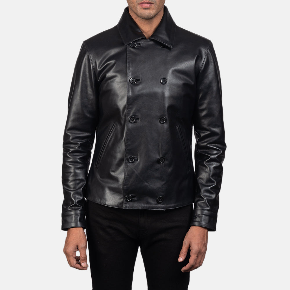 Mod Nero Leather Peacoat da Uomo in Black Cowhide Leather - Vista frontale e linea su misura | Acquista online