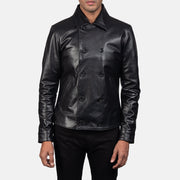 Mod Nero Leather Peacoat da Uomo in Black Cowhide Leather - Vista frontale e linea su misura | Acquista online