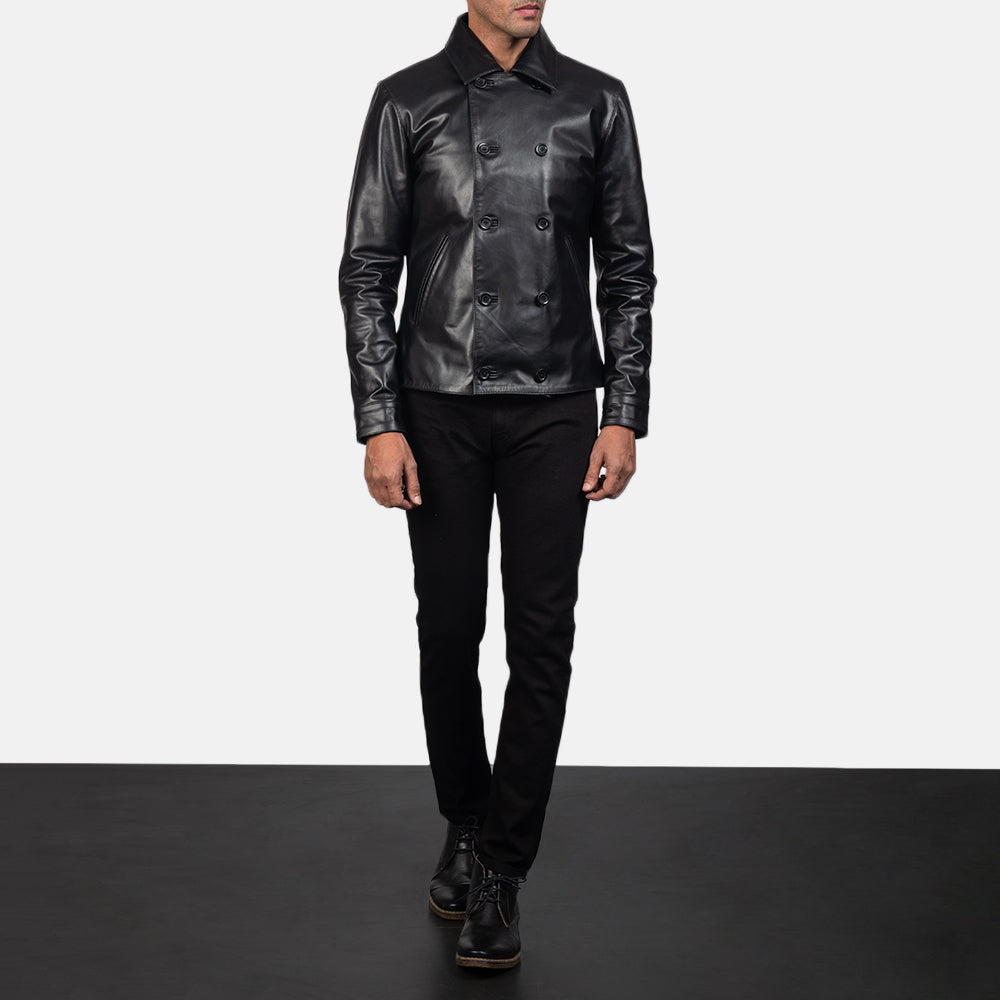 Mod Nero Leather Peacoat da Uomo - Lateral Side Profile View Showing Sleeve Cut &amp; Athletic Taper Fit