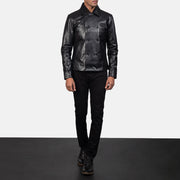 Mod Nero Leather Peacoat da Uomo - Lateral Side Profile View Showing Sleeve Cut &amp; Athletic Taper Fit