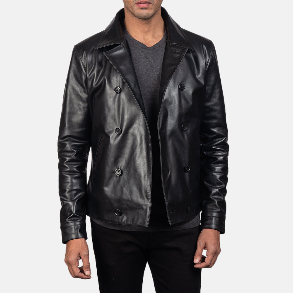 Dettaglio ravvicinato of Notch &amp; Buttons Hardware on Mod Nero Leather Peacoat da Uomo