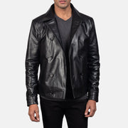 Dettaglio ravvicinato of Notch &amp; Buttons Hardware on Mod Nero Leather Peacoat da Uomo