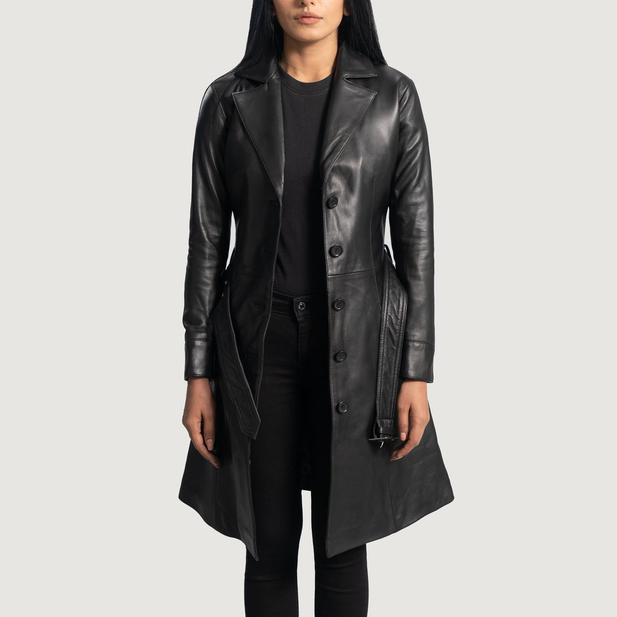 Women's Moonlight Nero Trench in Pelle da Donna in Black Sheepskin Leather - Vista frontale e linea su misura | Acquista online